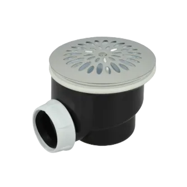 BONDE RECEVEUR DE DOUCHE,  Ø 90 MM, SORTIE HORIZONTALE Ø 40 MM, GRILLE INOX