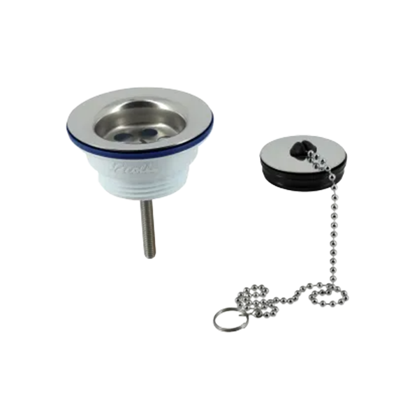 BONDE DE LAVABO PLASTIQUE BLANC, À JOINTS INTÉGRÉS À BOUCHON CHAINETTE