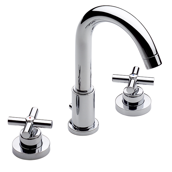 LAVABO 3 TROUS SUR GORGE À BEC TUBE MOBILE CENTRAL LIVRÉ AVEC VIDAGE AUTOMATIQUE EN LAITON ET FLEXIBLES D&rsquo;ALIMENTATION